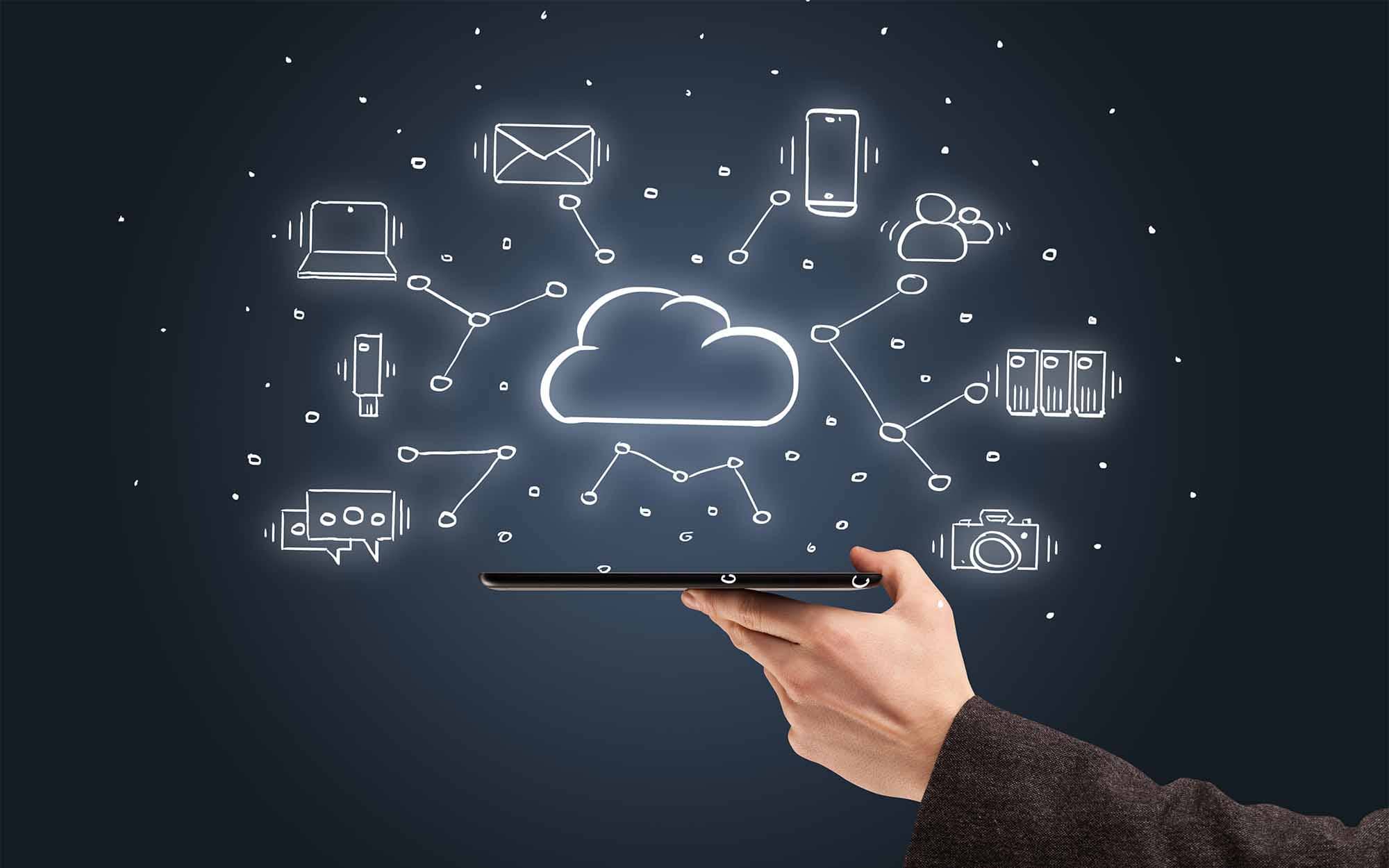 holding phone with various cloud icons